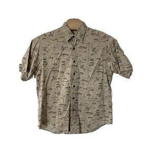 Woolrich Shirt Mens LGE Beige Fishing Print Short Sleeve Button‎ Down Outdoor